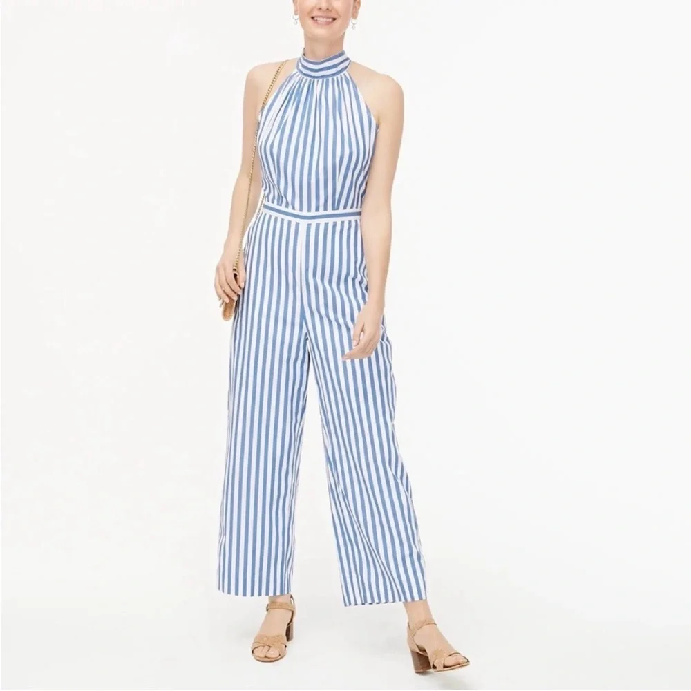 J.Crew Blue White Stripe Halter Jumpsuit‎ Coastal Nautical Size 2